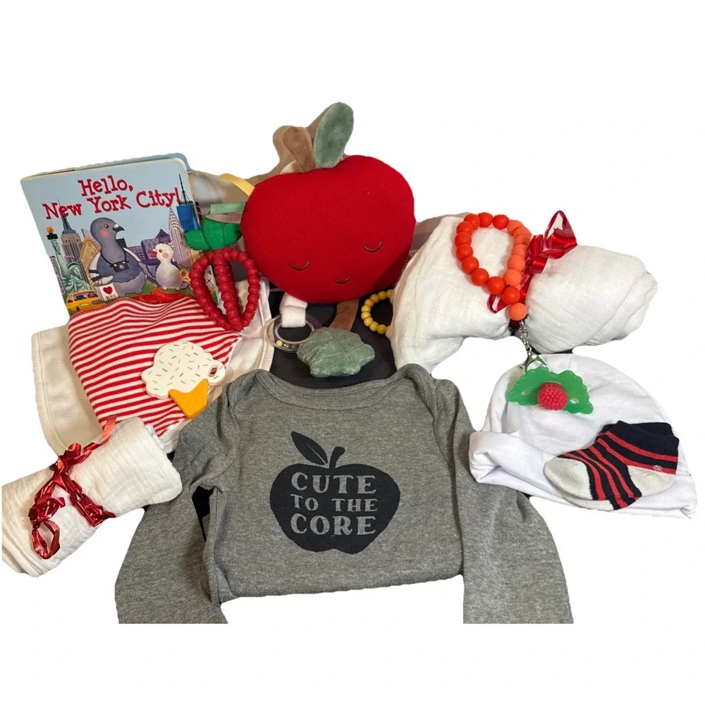 Hello New York City Baby Gift Basket Apple Lovey Teether Blanket Bibs Bodysuit